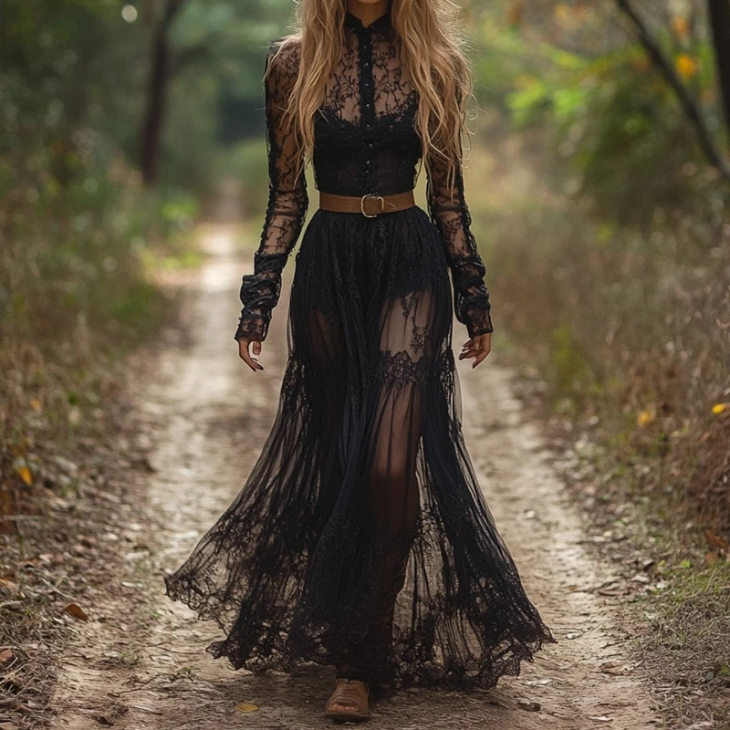 

Retro Dark Halloween V-neck Lace Long Sleeve Dress 2025 Autumn Women's Long Dress