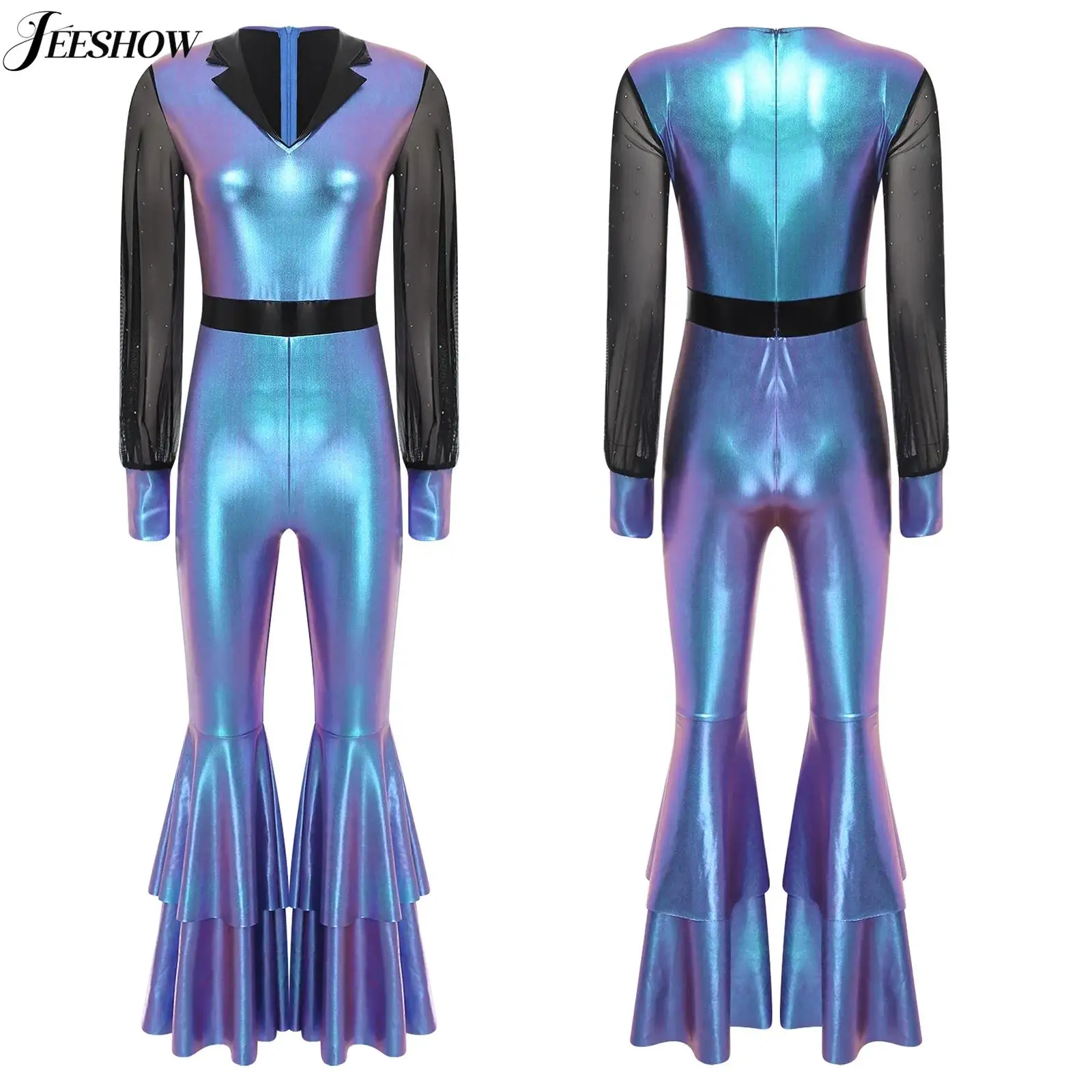 

Womens Retro Disco Costume Shiny Metallic Mesh Patchwork Long Sleeve Rompers Hippie Lapel V Neck Tiered Bell Bottom Jumpsuit