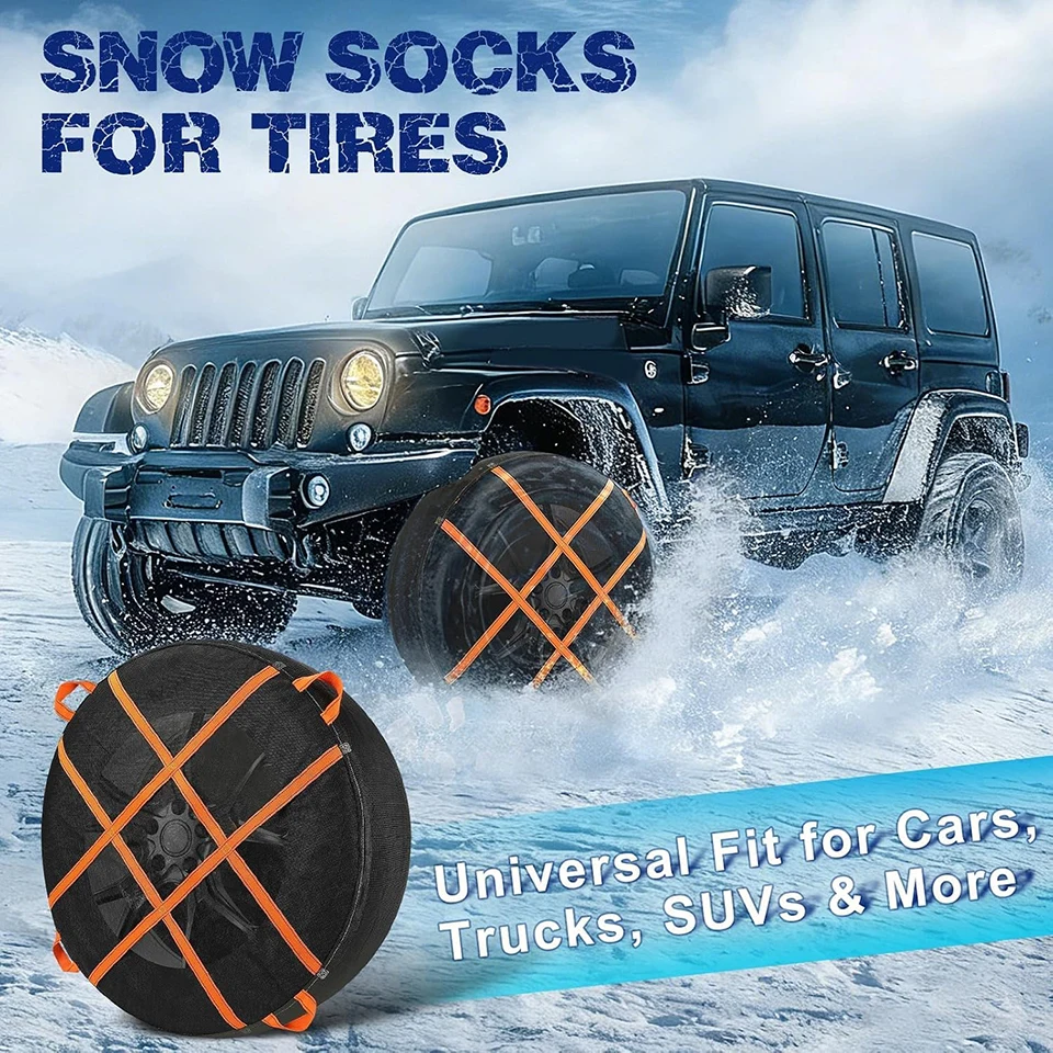 Universal Car SUV Truck Tire Snow Socks Heavy Duty Fabric Winter Anti-Skid Chains Adjustable Orange Straps Emergency Traction