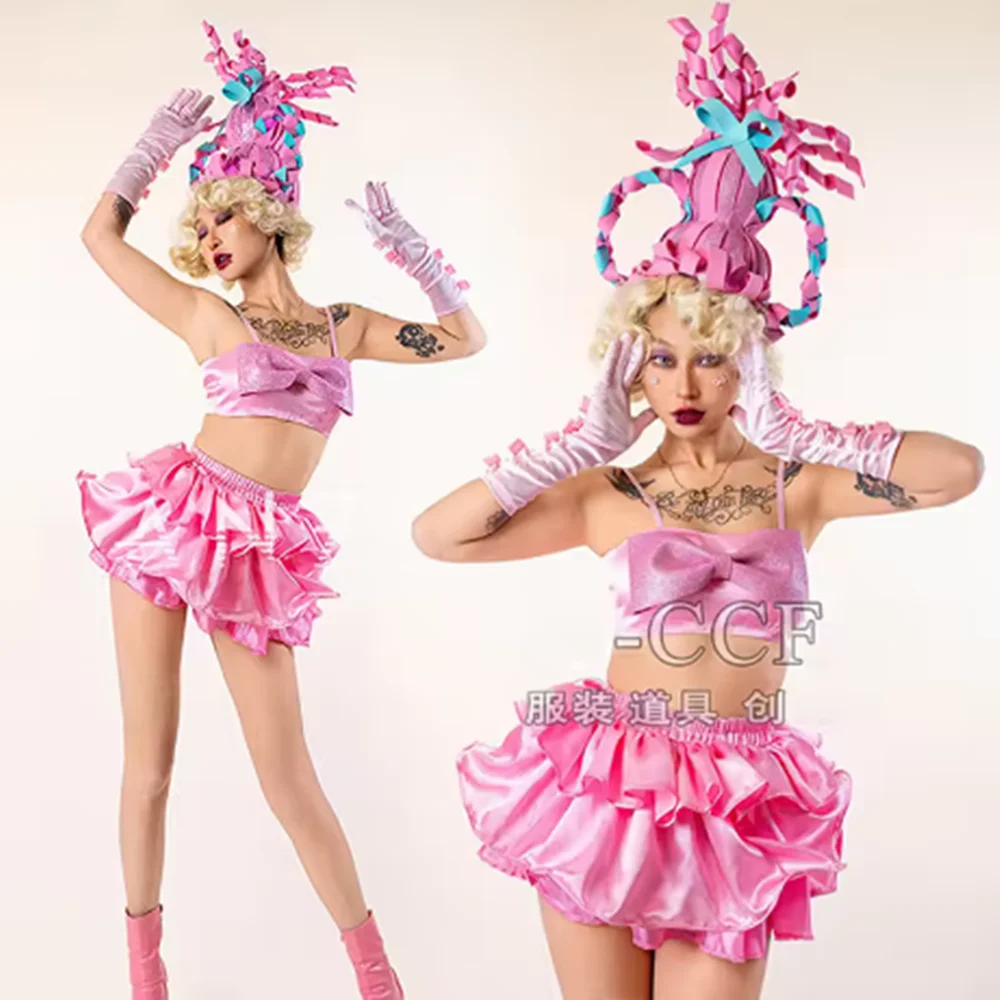 

2025 Gogo Dance Costume Women Stage Show Outfit Pink Performance Suit Nightclub Dancewear Carnival Christmas Party Rave Clothing