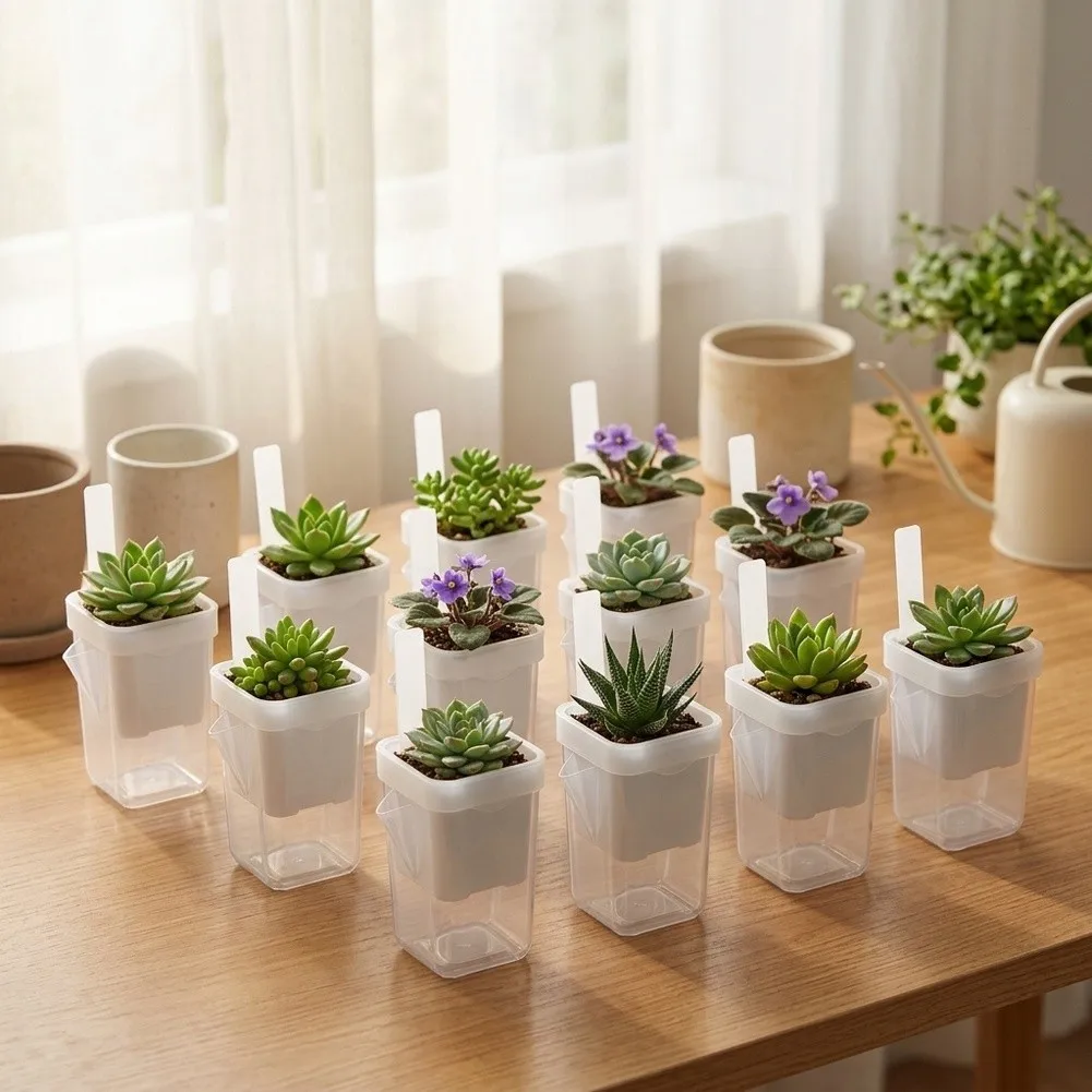 Square Self Watering Pots 12 Pack for Small Plants Featuring Clear Layered Design and Reservoir Based Irrigation