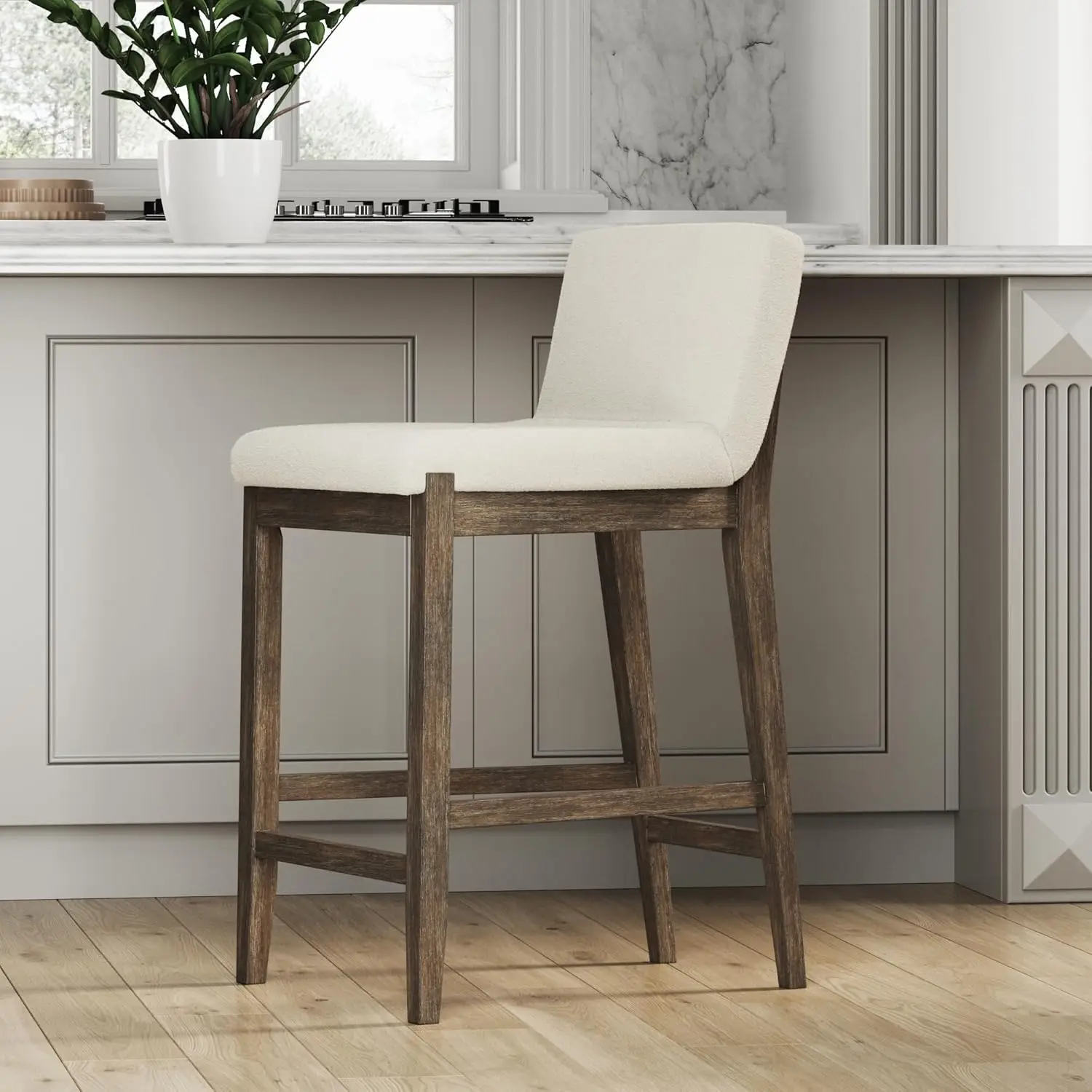 

Gracie Modern Counter Height Bar Stool with Back, Counter Stool Upholstered Chair with Natural Textured Linen and Brushed Woo