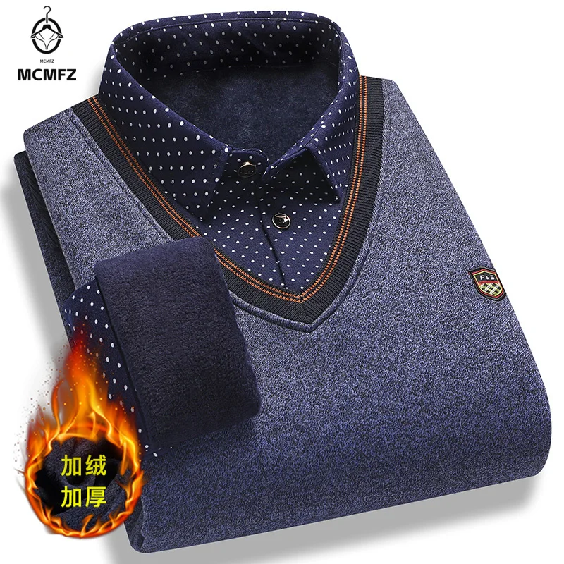 Mens Long Sleeve Collared Pullover Fake Vest Knit Sweater Full Fleece Lined Thermal Garment Cold Season Business Attire