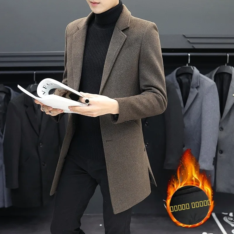 

Мужское шерстяное пальто средней длины, утепленное, в британском стиле, ветрозащитное, однотонное, деловое, повседневное, модное, осень-зима