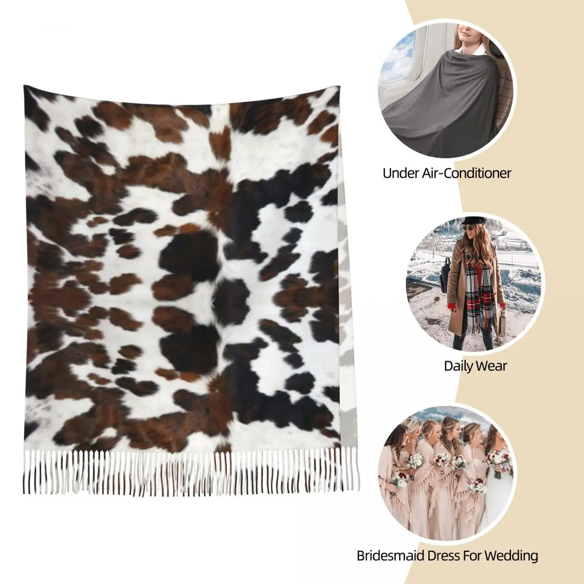 Cowhide Tan Texture Shawl Wrap Womens Winter Large Soft Scarf Animal Fur Leopard Pattern Pashminas Tassel Scarves