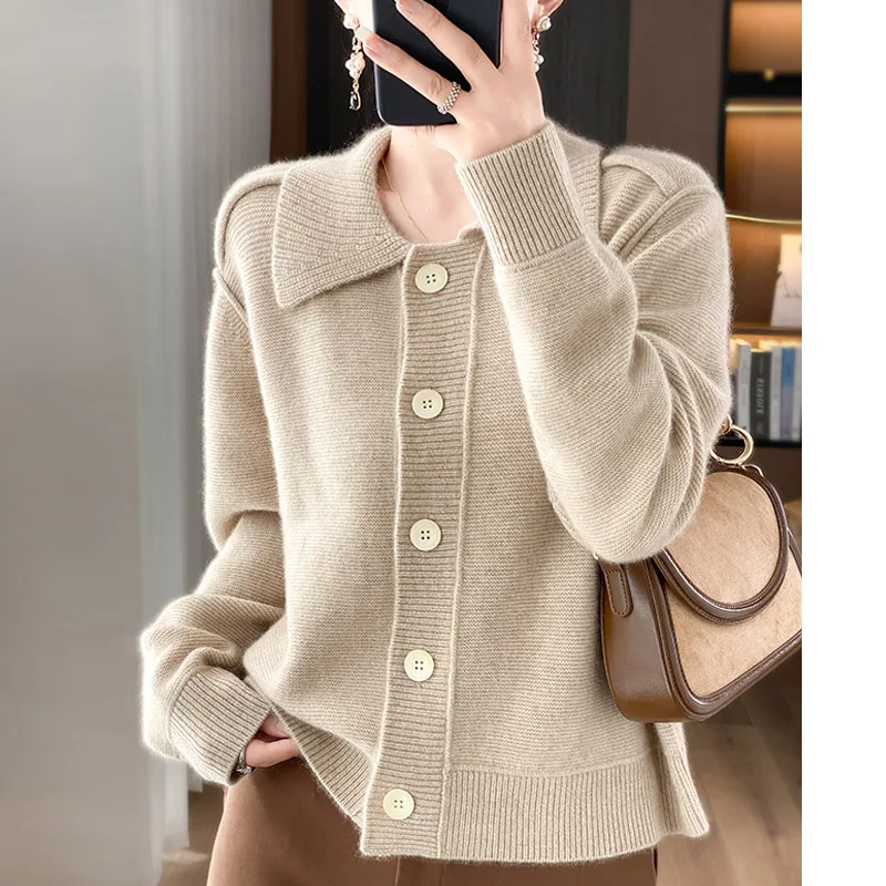 100% Merino Wool Coat Women\'s Clothing Lapel Cardigan Autumn Winter New Tops Fashionable Korean Loose Knit Shirt Long Sleeves