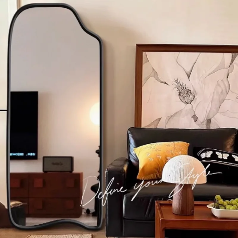 Wholesale Black Frame Irregular Wavy Full Length Mirror Floor Standing Dressing Mirror For Hotel Villa Clothing Store view 3