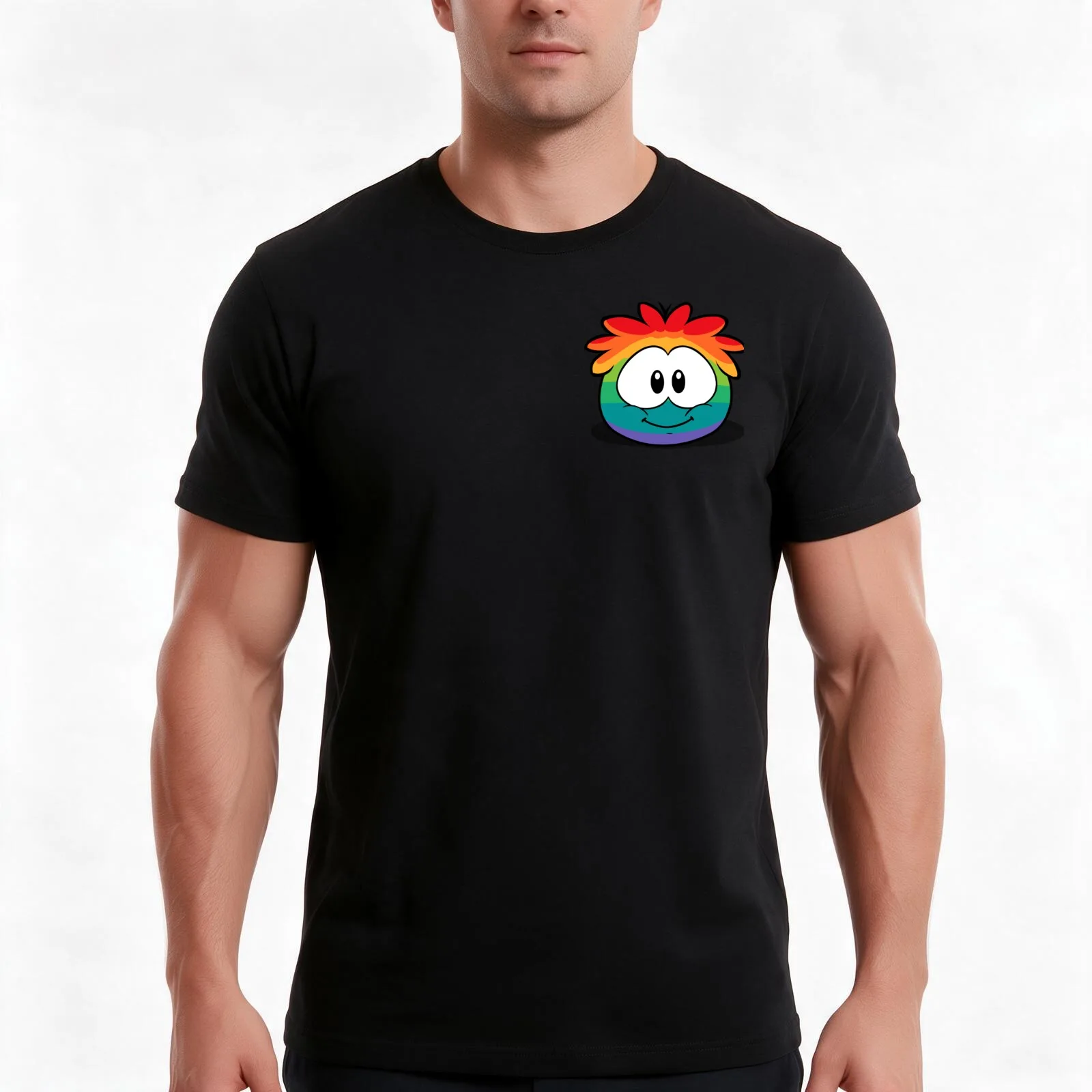Rainbow Puffle T-Shirt, Summer Casual Cotton Tee, Oversized Streetwear Tops, Vintage Graphic Print, Loose Fit Short Sleeve
