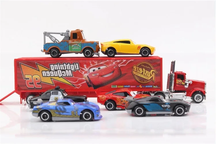 Mobil Disney Pixar, 3 6/7 buah Set Lightning Mcqueen Jackson Storm Mack, truk paman, 1:55, hadiah mainan Festival Model mobil logam Dietcast