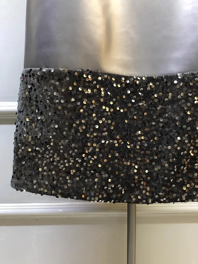 ผู้หญิงแฟชั่นของแท้หนัง O-คอ Bowknot Patchwork Sequined Elegant Party สุภาพสตรี A-Line Tank ชุดเดรสสั้น