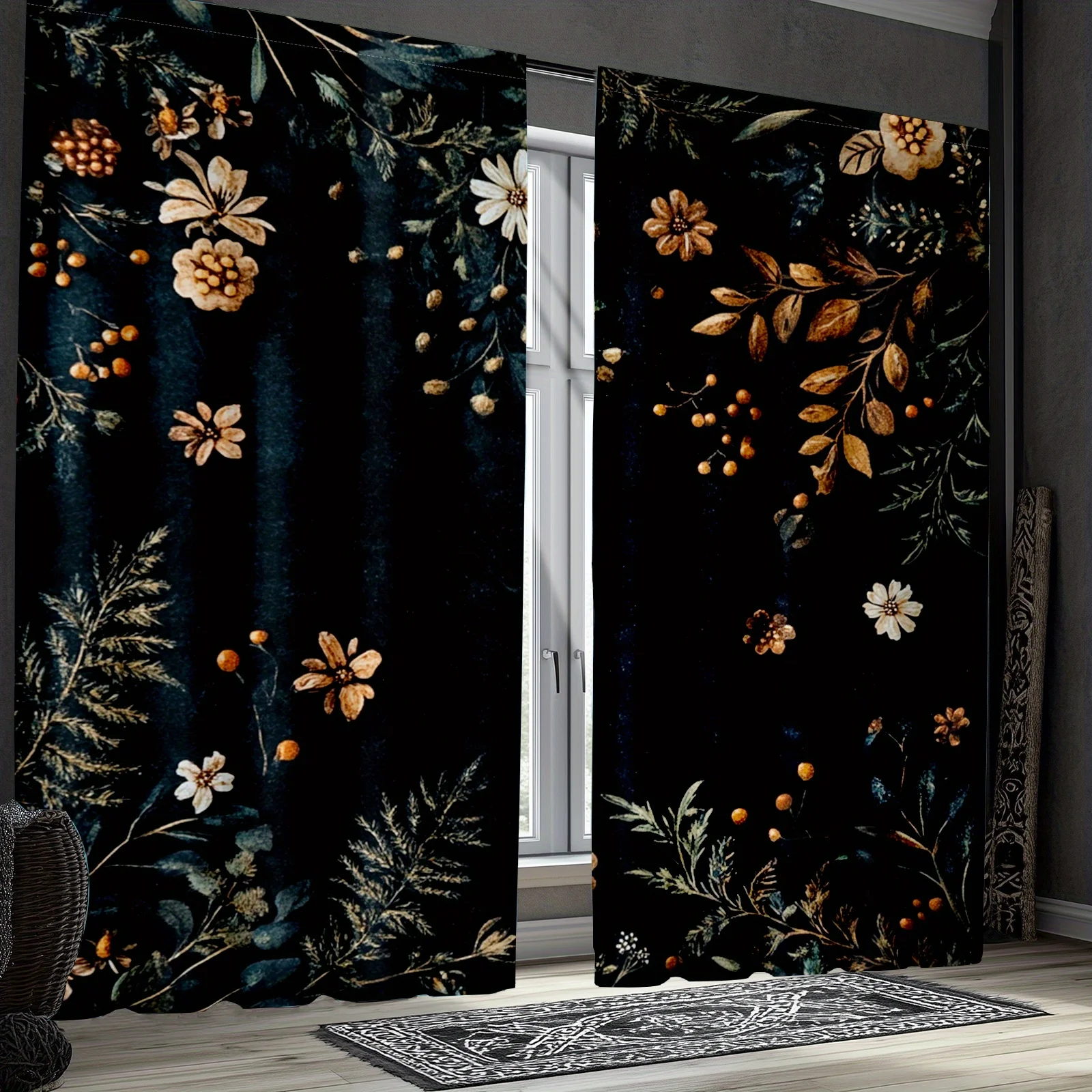 Gothic Floral Botanical Pattern Curtains 2pcs Dark Luxury Drapes Pair for Living Room Bedroom Home Decor Window Curtains