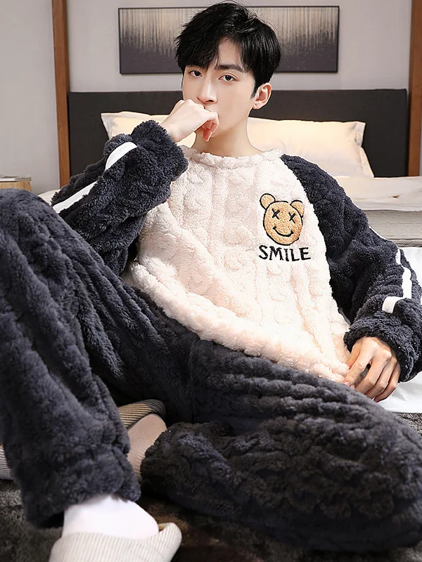 Thickened Coral Fleece Winter Sleepwear Set for Men Casual Long Sleeve Long Pants Home Clothes Warm And Comfortable Leisure S...