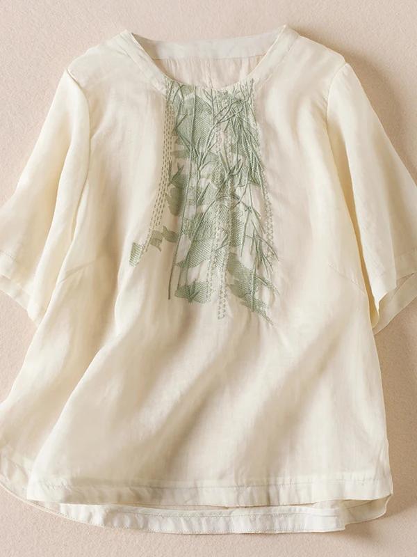 

Loose Fit Short Sleeve Embroidered T-Shirt Women's plus Size Artistic Retro Slimming Korean Japanese Style Casual Top