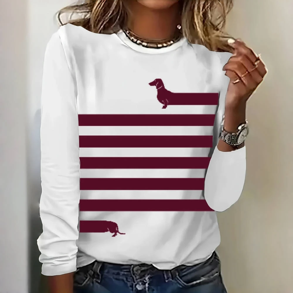 Simple Stripe Women\'s T-shirts Funny Dachshunds Print Long Sleeves T shirt Designer Women Clothing Pullover Fall Cotton Tops