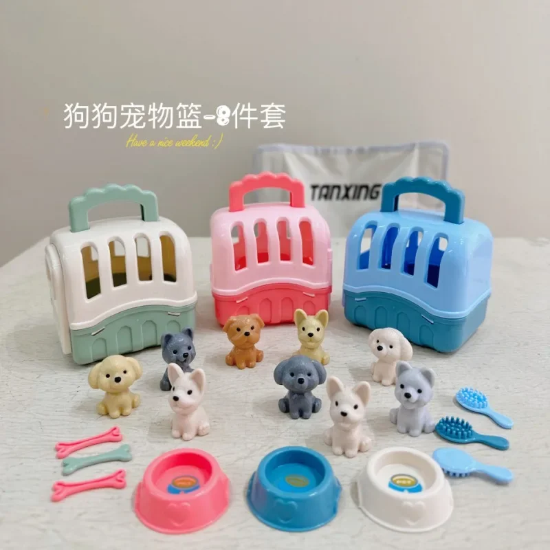 8pcs/set Cute Dog Pet Basket  Family Toys Dog Doll Set Dog Cage Toys Scene Playing Toys Christmas Decoration Gifts