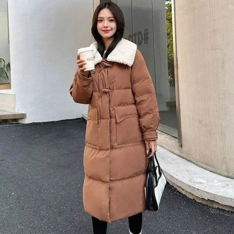 2024 New Women Down Jacket Winter Coat Female Long Below The Knee Parkas Thick Warm Outwear Casual Fashion Horn Button Overcoat