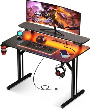 Image Small Gaming Desk with LED Lights & Power Outlets, 31 Inch Computer Desk Gaming Table with Monitor Shelf, Gamer Desk with Carbon