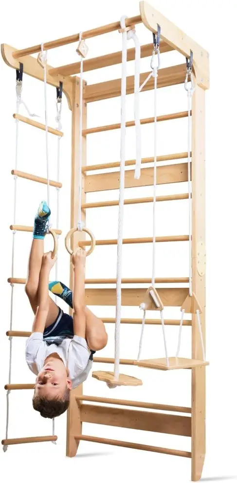 WoodVille Swedish Wall Climbing Frame - Multifunctional Kids Gym Set with Rock Wall & Rope Ladder (Ages 3-12,EN71/ASTM Certified