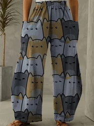 Women's Large Size Cartoon Cat Loose Wide-legged Pants Fall And Winter Casual Elastic Waist Pants Home Large Size Women Clothing
