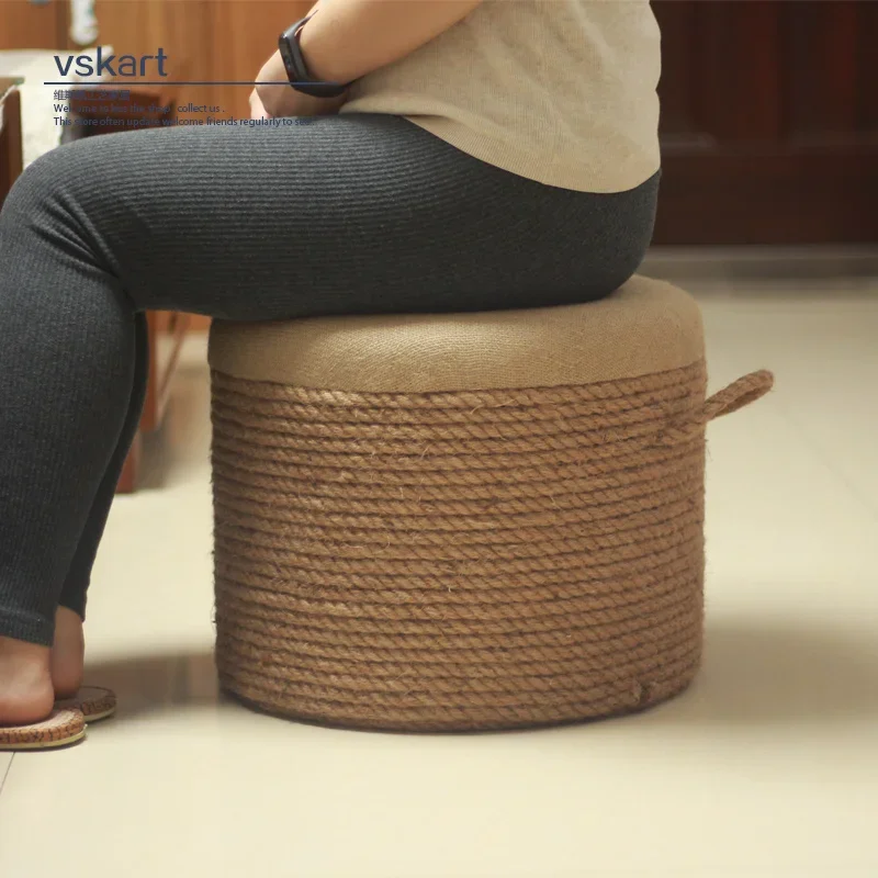 Handmade Hemp Rope Weaving Bench: Handle Design Home Stool, Stable Base, Wooden Ottoman, Eco-Friendly Material for Living Room