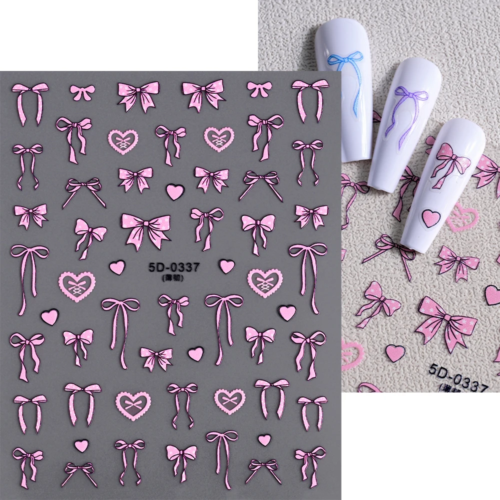 1Pcs White/Pink Bow/Ribbon 5D Nail Art Stikckers Kawaii Bowknot Self-Adhesive Slider Wedding/Valentine's Day Manicure Decals *&# image 3
