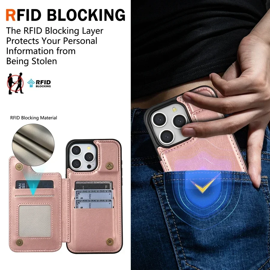 Wallet RFID Blocking Layer Protect Anti-Theft Magnetic Leather Cover For iPhone 16 Pro Max 15 Plus 14 13 12 11 SE 2 X XS XR 8 7