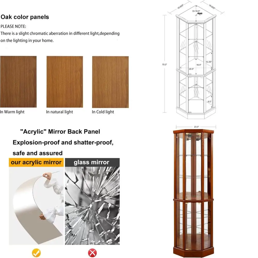 

70 Tall Illuminated Glass Display Case with 5 Adjustable Shelves, Suitable for Wine Bar or Living Room (Bulb Not Included)
