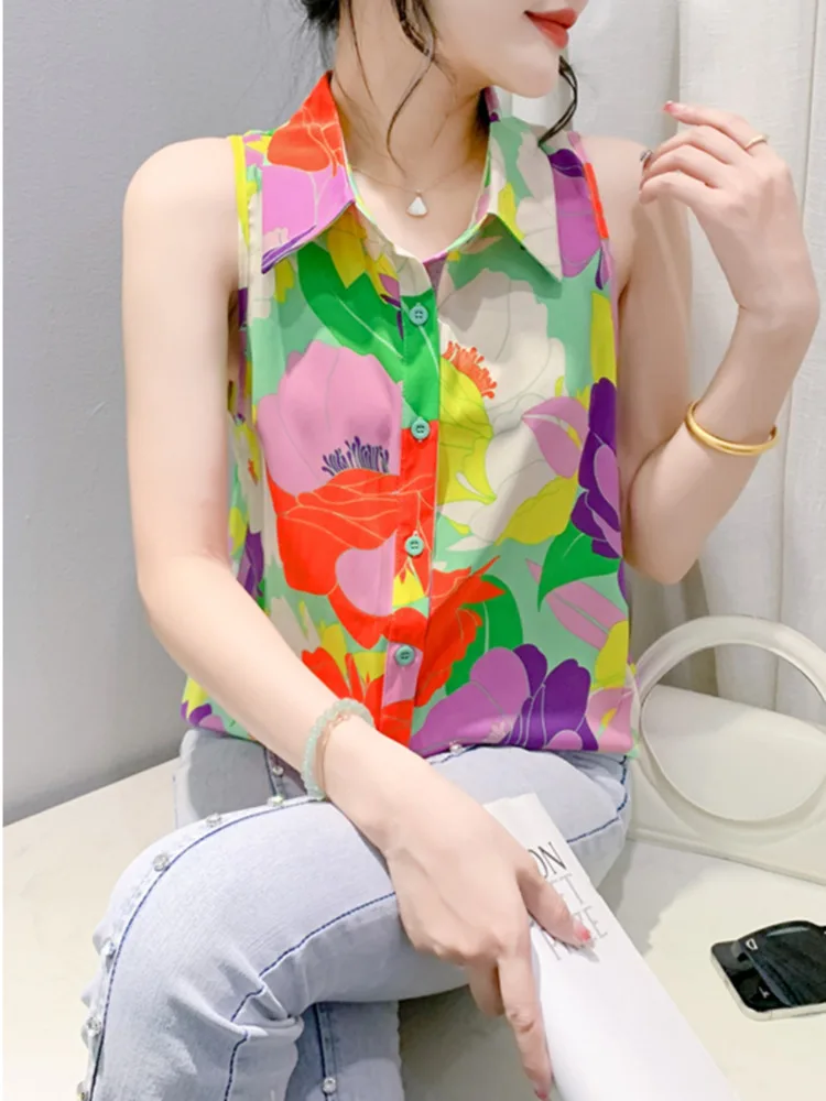 #7113 Sleeveless Shirt Women Slim Vintage Printed Womens Tops And Blouses Sexy Streetwear Short Shirt Female Korean Fashion