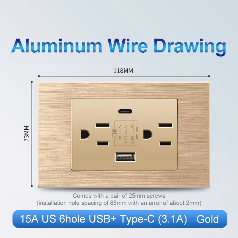 ELEGAN-US TH soquetes padrão, painel de alumínio escovado, eletrodoméstico inteligente de parede USB, adaptador de plugue, USB tipo C, carregamento rápido 3.1A