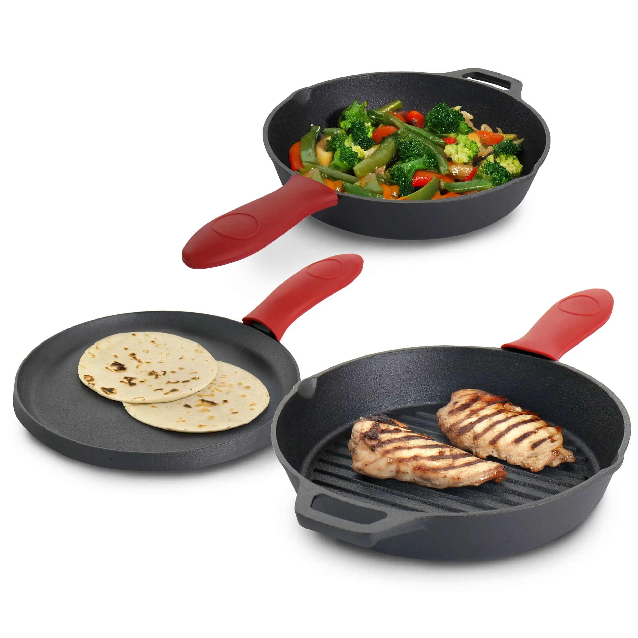 

Pre-Seasoned Cast Iron 6 Piece Set with Red Silicone Holders