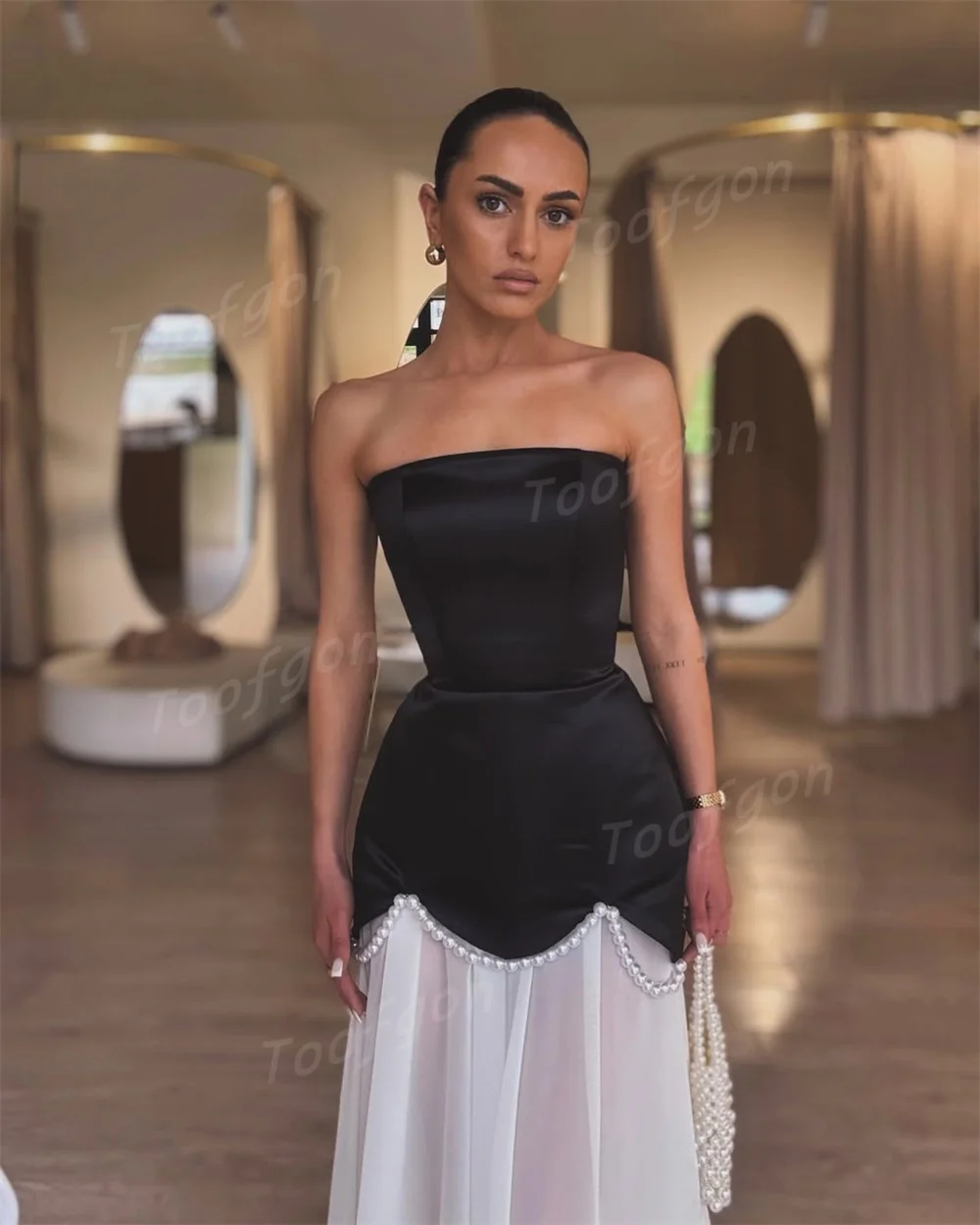 Toofgon Strapless A Line Satin Chiffon Long Evening Dresses Customized Pearls Beads Special Occasion Party Dress Women Prom Gown