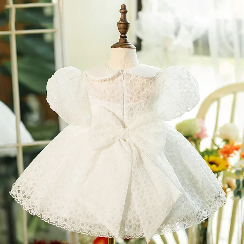 Customized White Elegant Puff Sleeve Slim Birthday Dresses Doll Collar Sweet Lace Tiered Princess Vestidos Simple Solid Flower G