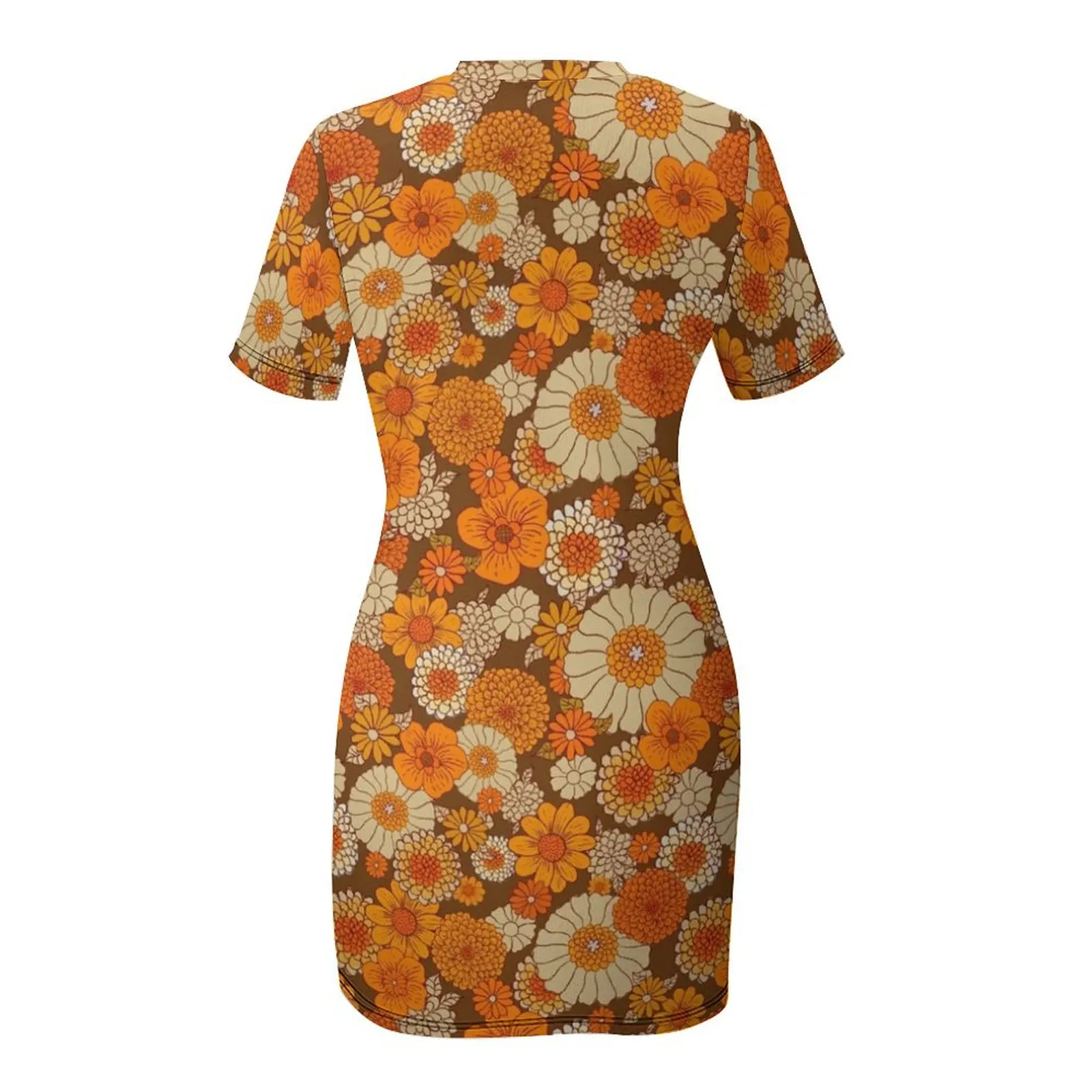 Jaren '70 retro madeliefjes, vintage flower power, oranje en bruin, boho, jurk met korte mouwen Jurk vintage jurk