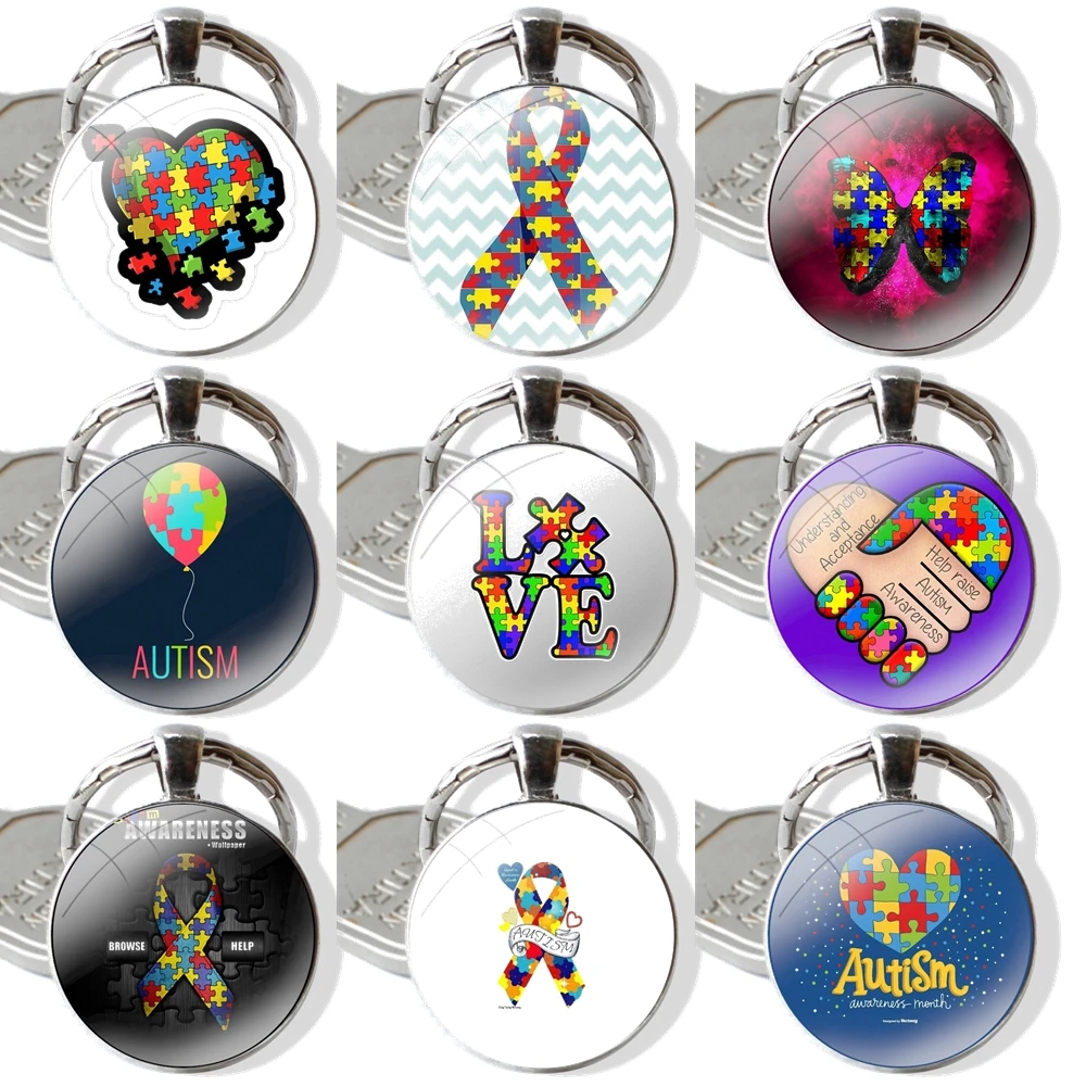 Autism Awareness Keychain Handmade Glass Cabochon Key Ring Holder Pendant Key Chains