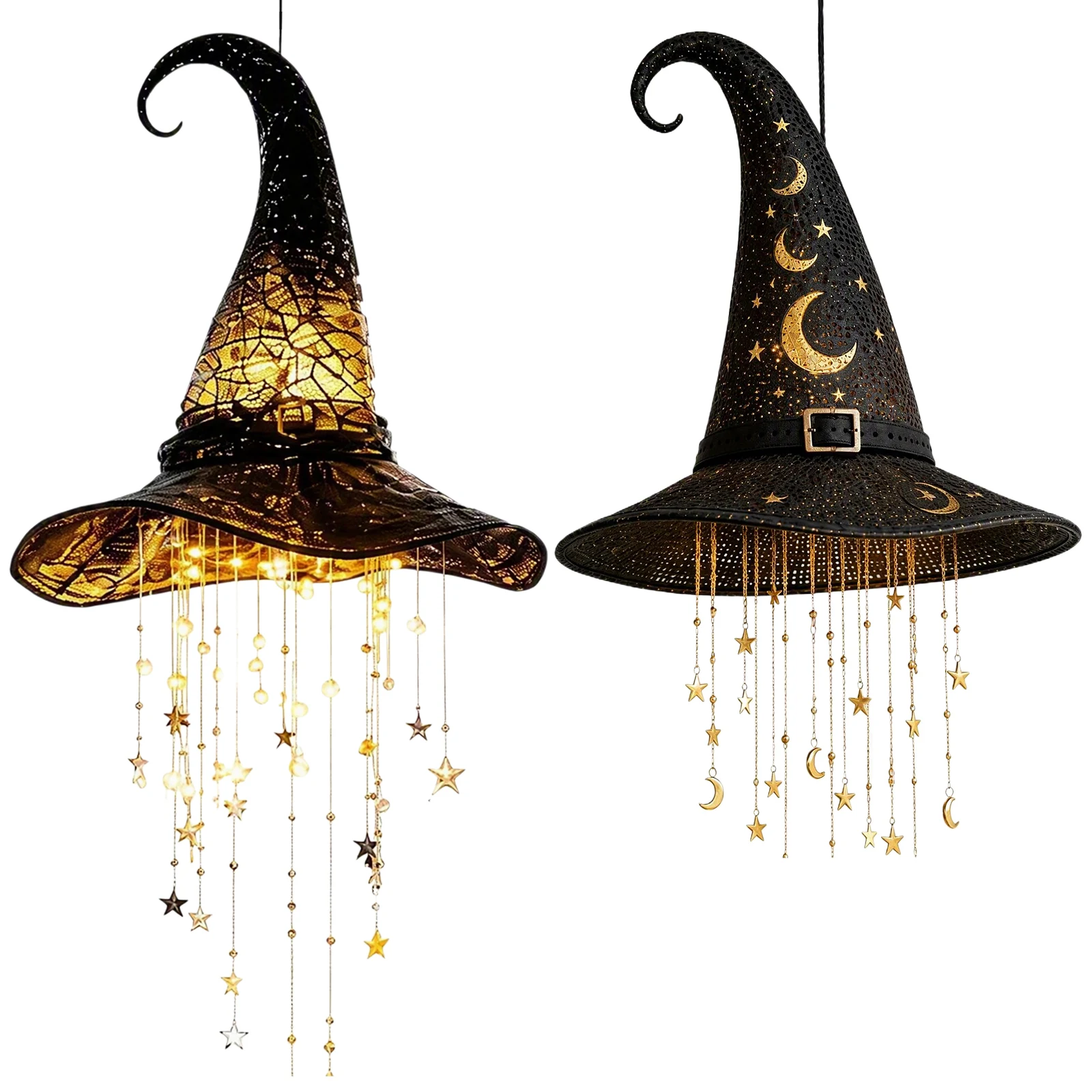 Glowing Halloween Witch Hat Hanging Wind Chime Star Ornament Lightweight Iron Fabric Door Window Porch Decor