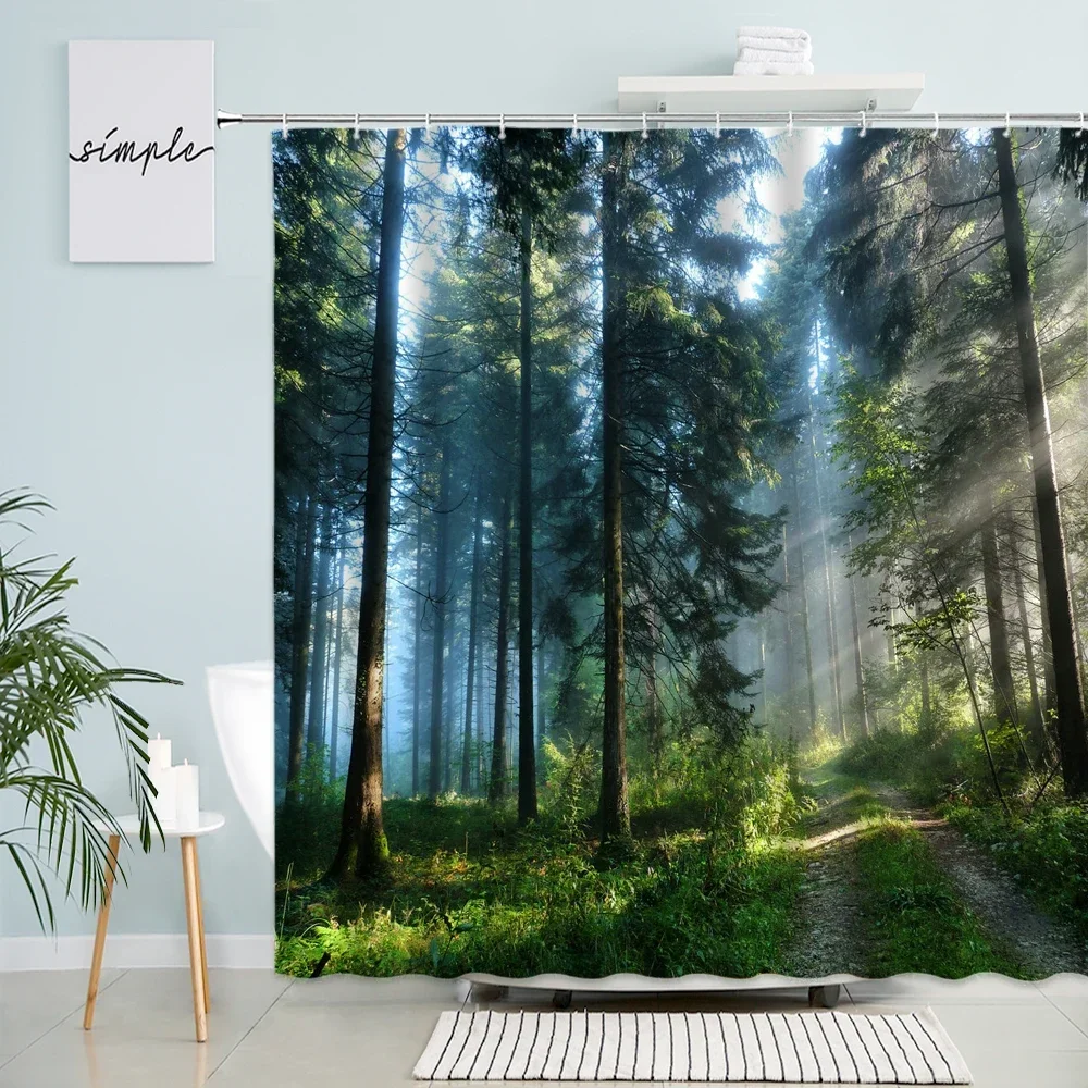 Foggy Forest Shower Curtain Natural Landscape Scenery Sunshine Trees Green Plants Spring Bathroom Waterproof Screen With Hooks