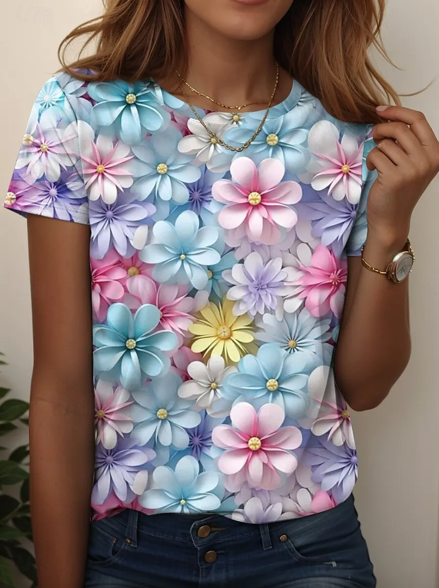 2025 여성 T 셔츠 꽃 무늬 그래픽 패션 세련된 클래식 반팔 크루 넥 레귤러 탑 매일 주말 프린트 여름