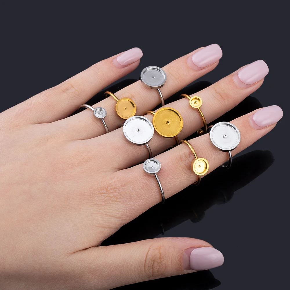 10pcs Adjustable Open Finger Ring Setting Stainless Steel 4mm 8mm 12mm Round Blank Ring Base Bezel Cabochon DIY Jewelry Making