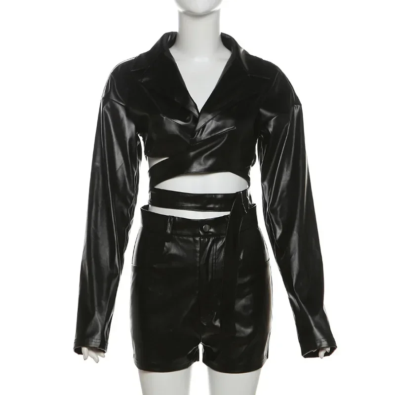 XIZOU PU Hipster Leather 2 Piece Set Women Fall Trend V-Neck Cross Sash Sexy Crop Tops+Shorts Matching Streetwear Outfits