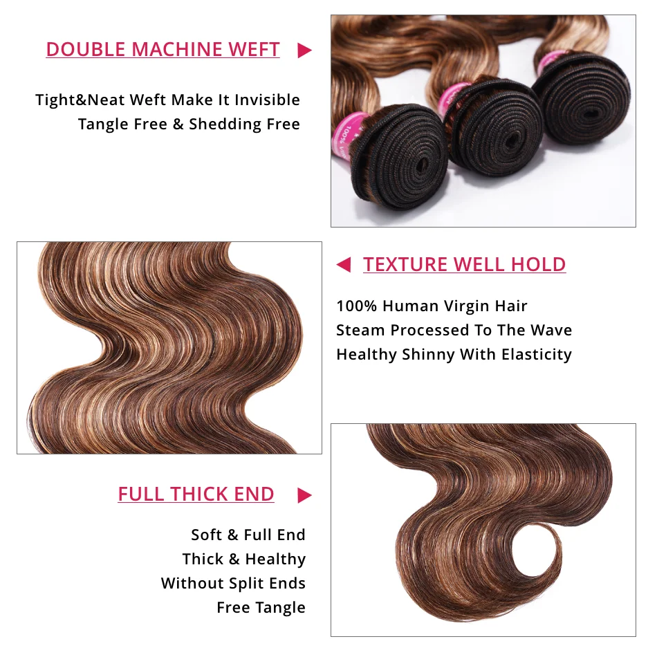 Unice Hair-Honey Blonde Destaque Body Wave Pacotes de cabelo humano, 3 ou 4 Pacotes, mistos de cor marrom, tecelagem rápida, costurar