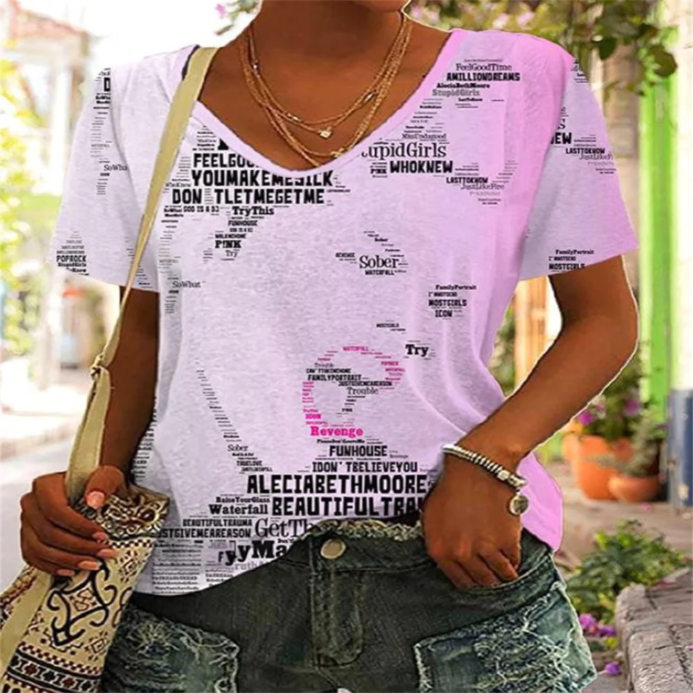 Damen T-Shirt mit V-Ausschnitt, Vintage Street Alphabet Print kurz ärmel ige tägliche wochen ende tragen Mädchen V-Ausschnitt T-Shirt, Plus-Sizeloose und