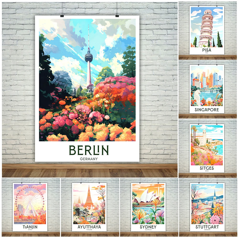 

Print,Berlin,Pisa,Singapore,Sitges,Stuttgart,Sydney,Thailand Trendy City Travle Wall Art Canvas Painting,Maximalist Home Decor