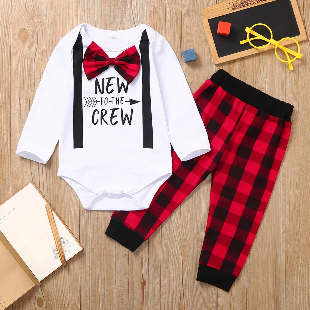 

Boys 5 Months born Infant Baby Boy Pants Suit Gentlemen Bow Letter Long Sleeve Tops Romper Plaid Pants Outfits Plaid Baby Dress