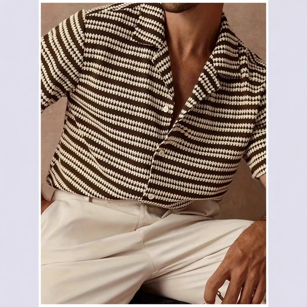 2026 Summer Men's Casual Short-sleeved Shirt Striped Design Versatile Fashion Simple Shirt Lapel