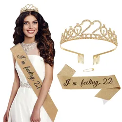 Ik voel 22 tiara en sjerp 22e verjaardag glitter sjerp en kristallen tiara voor meisje Happy 22 verjaardag feestartikelen decoraties
