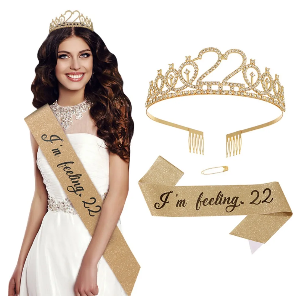 I'm Feeling 22 Tiara and Sash 22nd Birthday Glitter Sash and Crystal Tiara for Girl Happy 22 Birthday Party Supplies Decorations