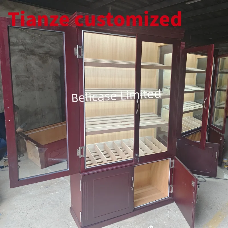 (customized)Large Capacity Commercial Wall Cabinet Humidor with Cedar shelf Drawer Luxury Stand Up Wood Humidor Cigar Cabinet