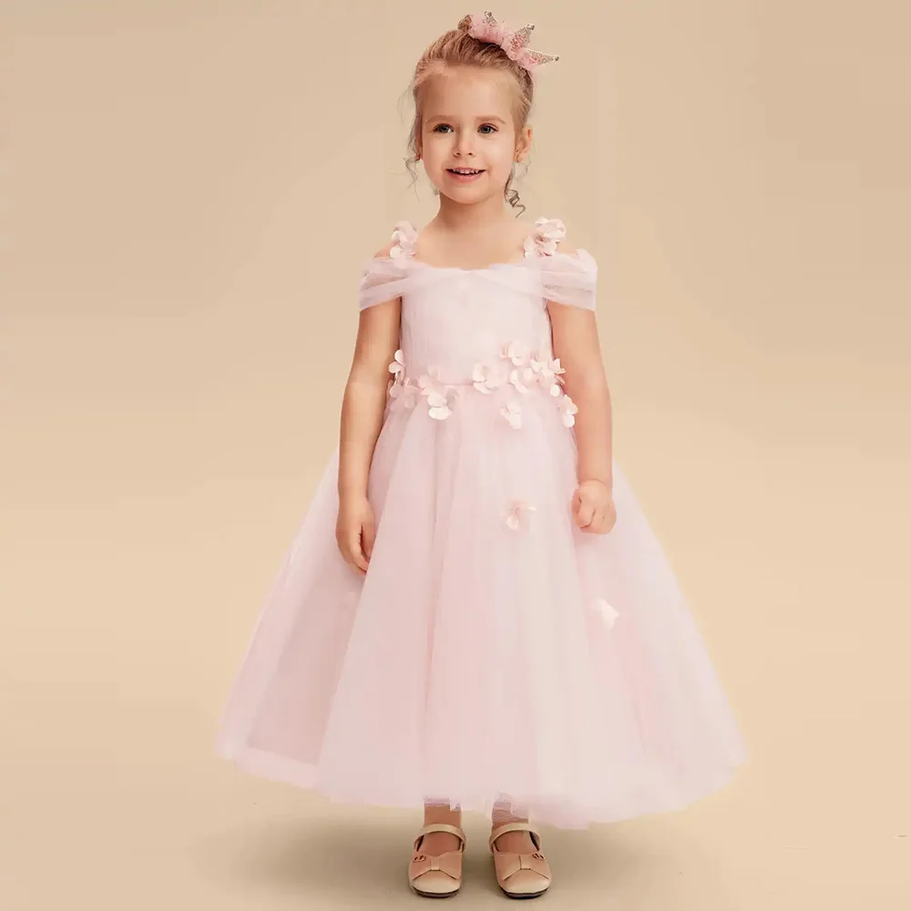 Customized Pink Tulle Flower Girl Dresses With Bow Lace Applique 3D Flowers A-Line Girls Wedding Party Princess Birthday Dress