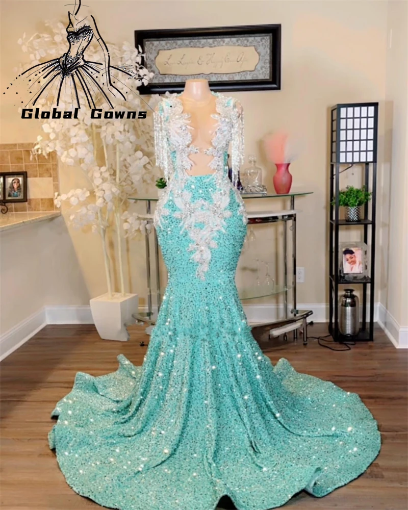 Mint Green Sheer O Neck Long Prom Dress Para Meninas Negras 2023 Sparkly Lantejoulas Vestidos de Festa de Aniversário Apliques Tassel Evening