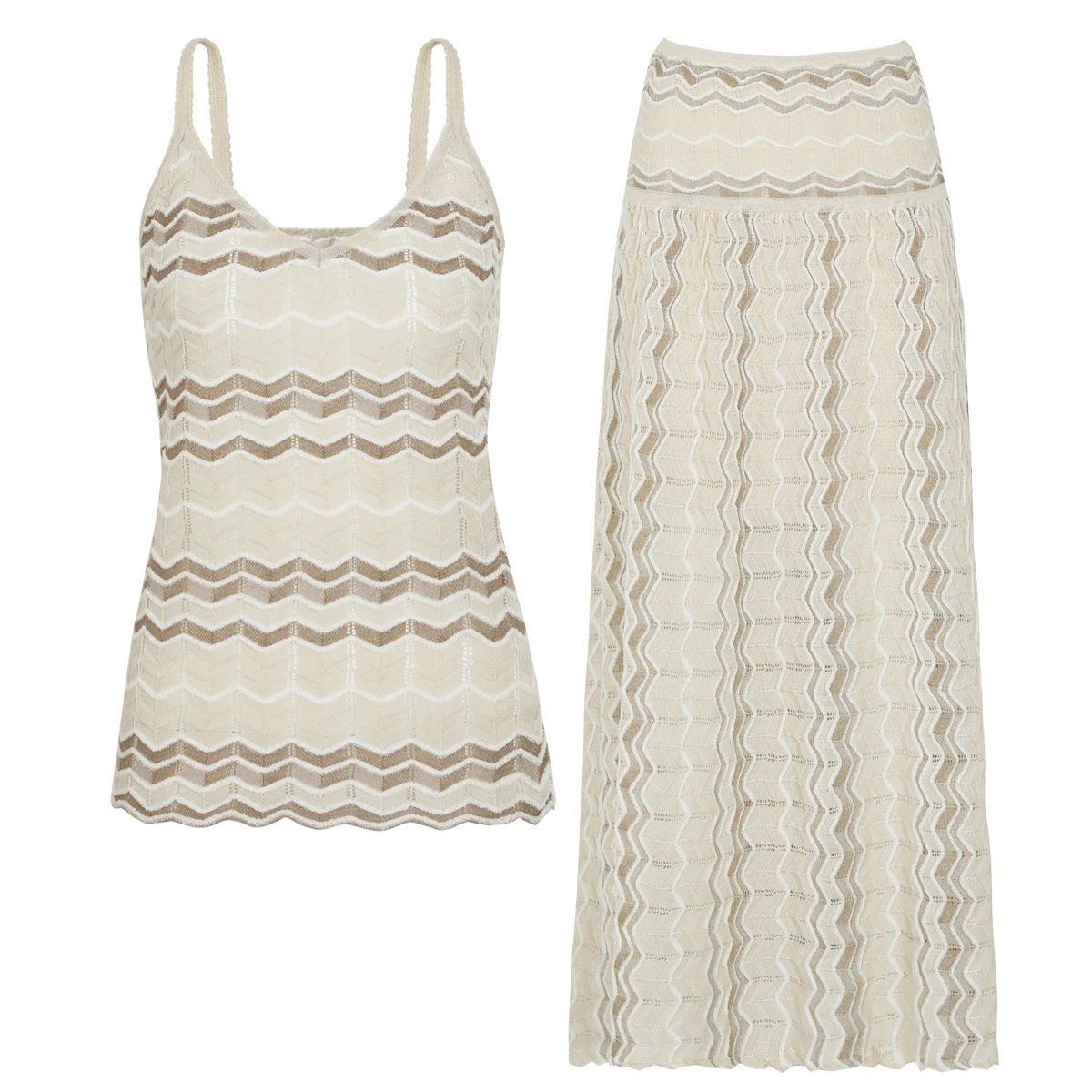 26256 Summer New Women Knitted Two‑Piece Set Wavy Pattern Cami Top With Skirt High‑Quality Commuter Elegant Outfit